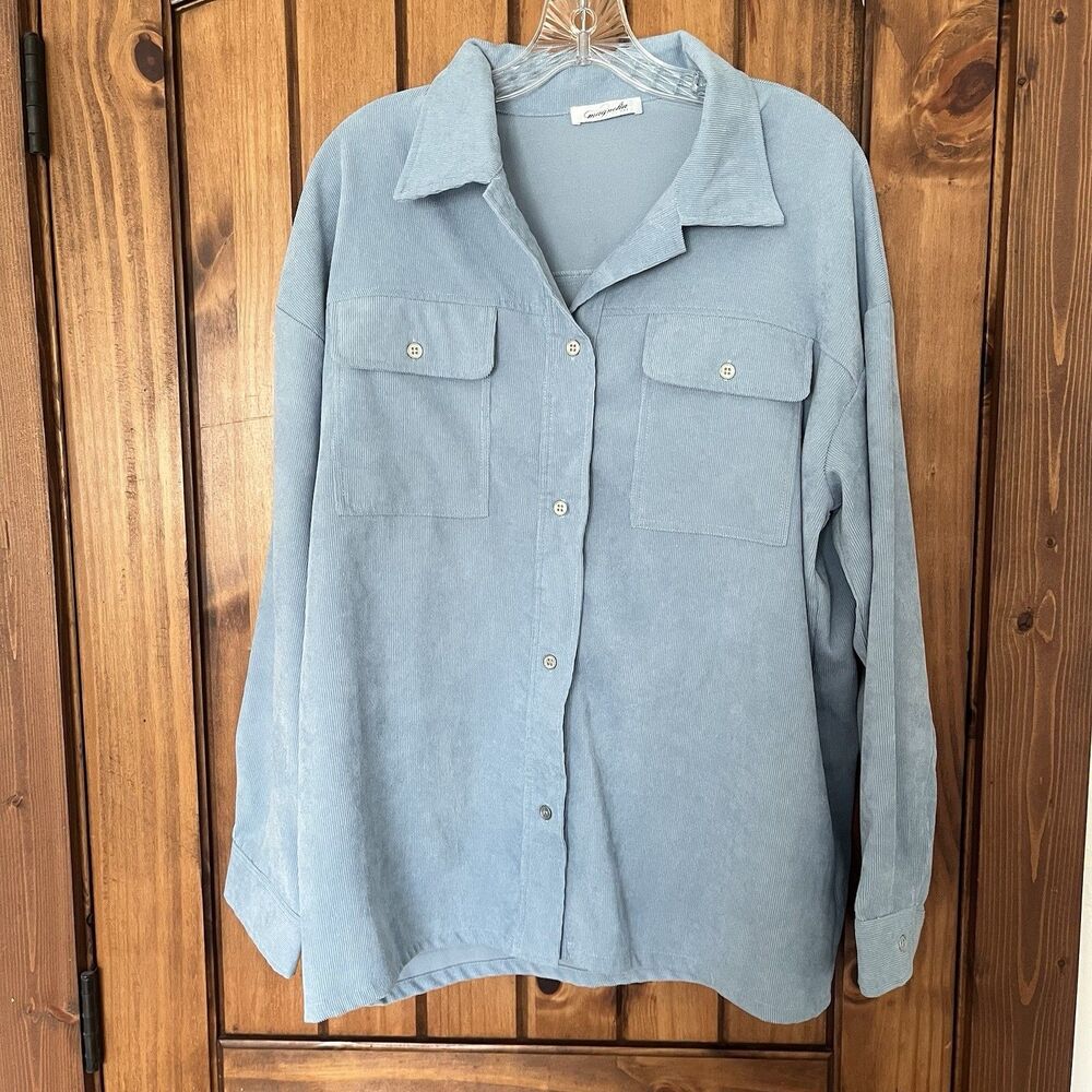 Magnolia Boutique Button Down Shirt Womens M Pale Blue Ribbed Top Pockets NWOT